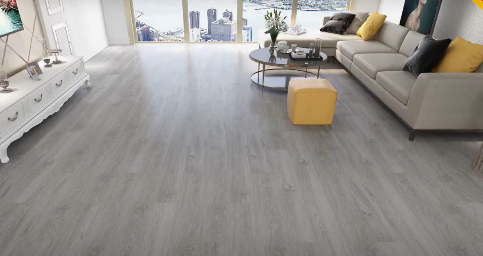 Modern living room with stylish light grey SPC vinyl plank flooring